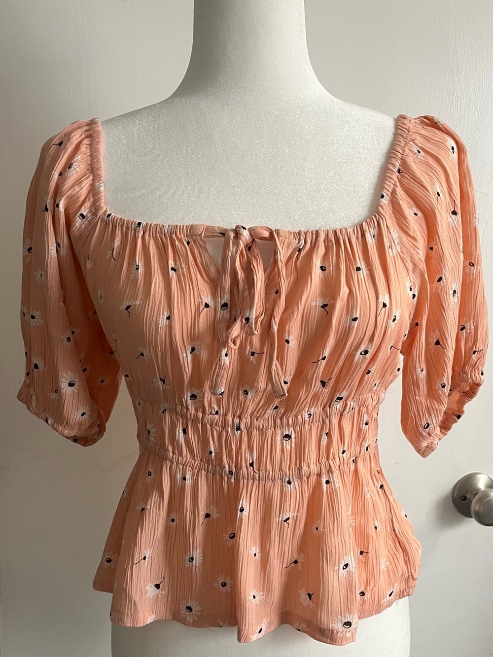 Peach Floral Square-Neck Smocked Peplum Blouse